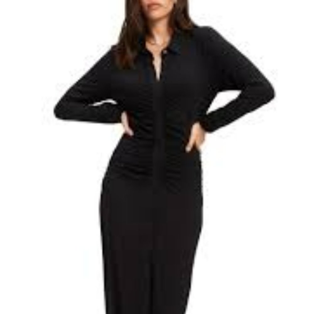 Good American GoodTouch Button Front Midi Dress Black Size 3 (Large)